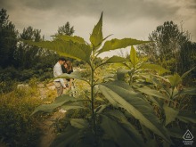 Engaged couple in Ceparana-Bolano field, embracing naturally amid greenery, surrounded by lush vibrant nature.