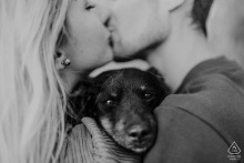 In this black and white portrait from Hungary, a couple’s tender kiss frames their dog’s calm gaze, capturing a scene of pure closeness and the deep bonds they share.
