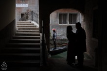 In Venice, the couple shares a romantic engagement photoshoot surrounded by historic waterways, soft light, and classic Italian scenery that enhances their connection.
