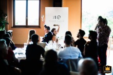 Newlyweds at Contadi Castaldi Winery, Adro, answering guest's game questions, enjoying their wedding day.