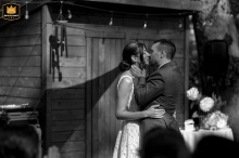 Rosemont Backyard Wedding: First Kiss Marks a New Beginning in Quebec Rosemont, Quebec, Canada: Bride and groom share their first kiss during their backyard home wedding ceremony.