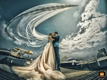 Bride and groom's portrait in Bocca Di Magra with a dramatic sweeping veil flying above them.