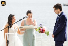 The groom’s sister becomes emotional while giving a speech during the wedding ceremony at Lake Mohawk Country Club in Sparta, New Jersey.