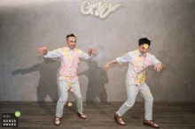 At a restaurant in Miaoli County, Taiwan, groomsmen dance energetically during a happy wedding song.