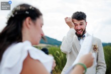Lyon, France Wedding: Bride Reads Vows as Groom Bursts Into Tears In Lyon, France, the bride reads her vows to her husband, who is overcome with emotion and bursts into tears during the ceremony.
