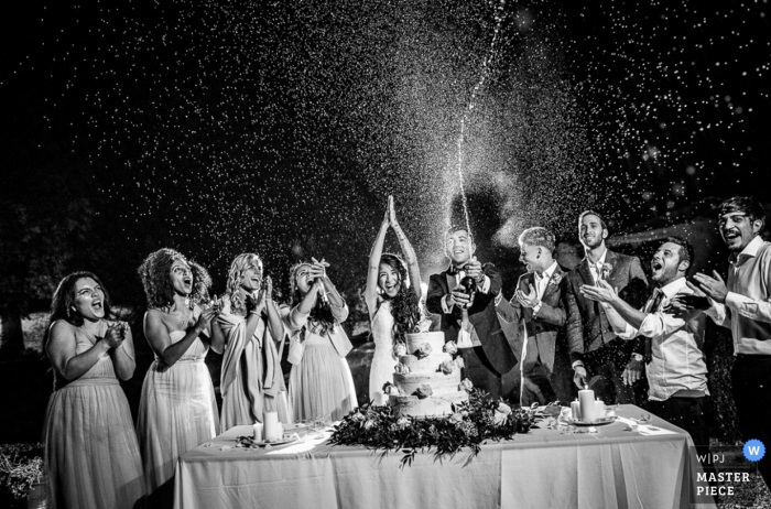 Photo by: <a href="https://www.wpja.com/contests/2016-q4-photography-competition/toastingspeeches/1954706">Stefano Serra - Italy</a> Black and white photo of a toast to the bride and groom as champagne bursts from its bottle by a Turin, Italy wedding photographer.