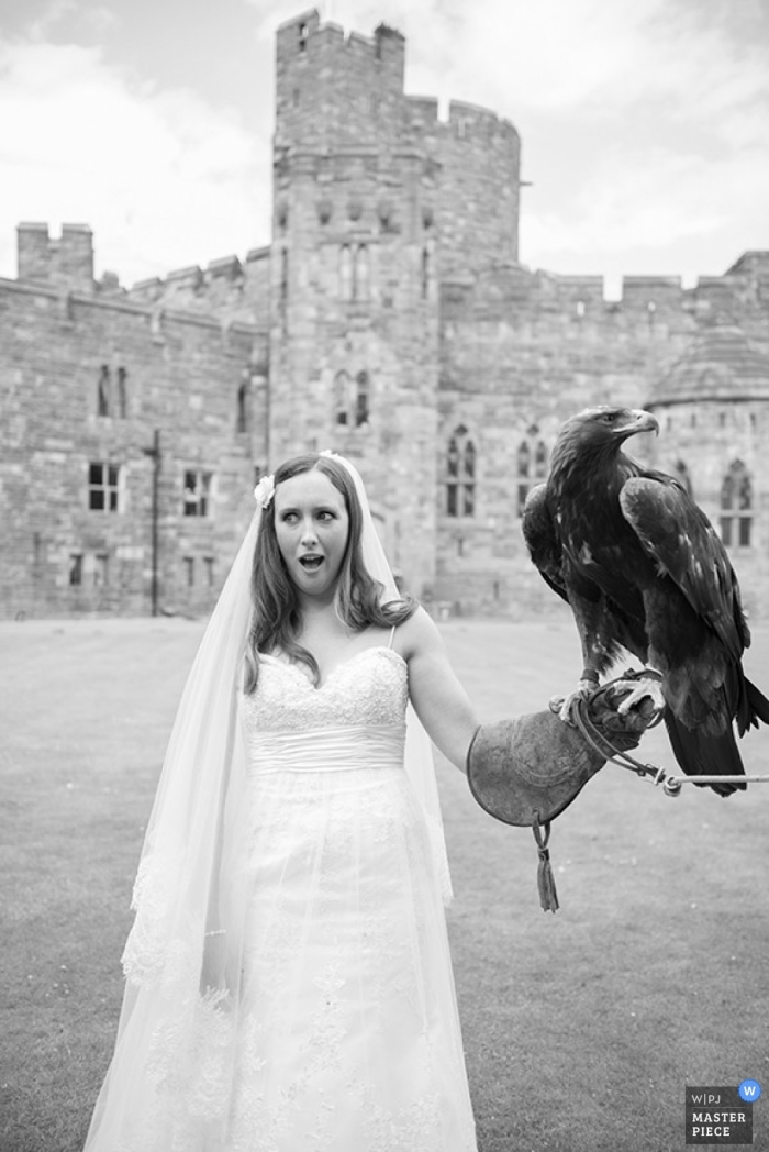 Photo by: <a href="https://www.wpja.com/contests/2013-q2-contest/animals/1176231">Louise Adby - United Kingdom</a> Hampshire Documentary Wedding Photographer | Image contains: bride, castle, outdoors, eagle, black, white, dress