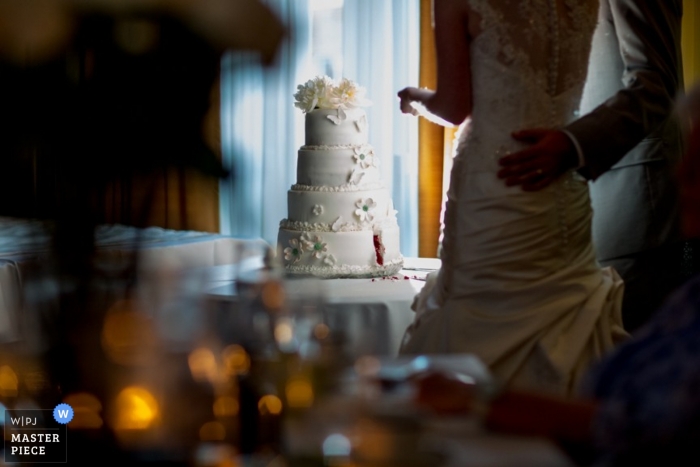 Hochzeitsfotografie in Nova Scotia | Bild enthält: Kuchen, Braut, Bräutigam, Farbe, drinnen