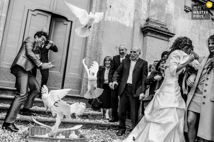 Photo by: <a href="https://www.wpja.com/contests/2015-q1-photography-contest/ceremony/1596251">Luigi Rota - Italy</a> Lecco wedding photographer captured this humorous image of the bride and groom ducking from doves as they swoop in after the ceremony