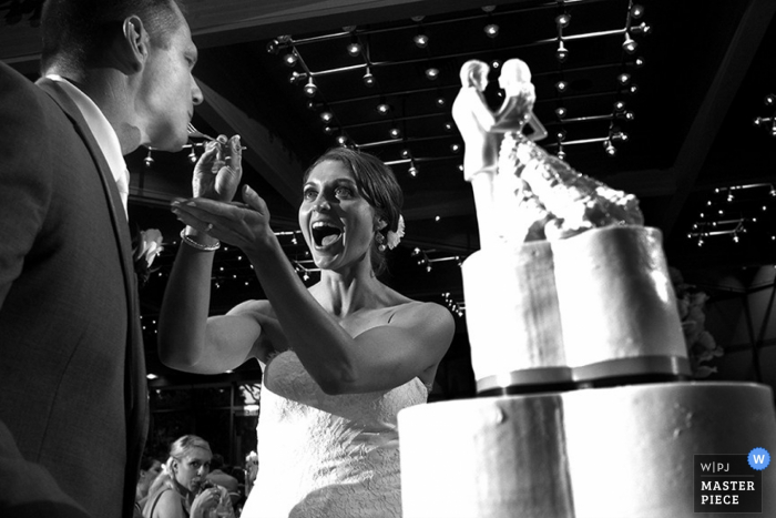 La novia de Chicago alimenta al novio con el pastel de bodas en la recepción de la fiesta de bodas en Illinois La novia de Chicago alimenta al novio el pastel de bodas en la recepción - foto de la boda de Illinois