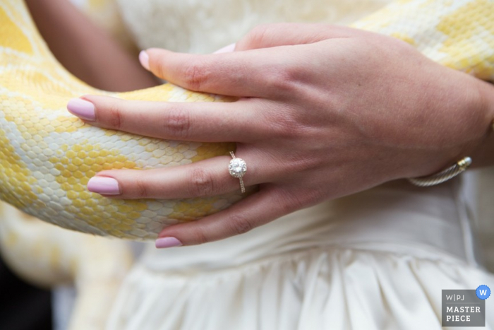 Up close photo of the ring while the bride holds a snake in Kansas | United States wedding photography