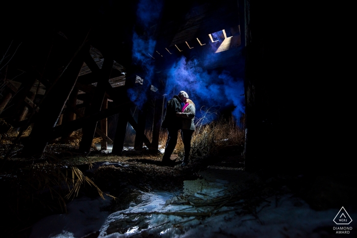 Colorado Engagement Photographer for lit portraits at night.