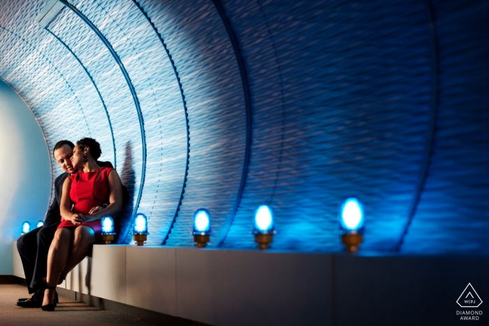 Photo by: <a href="https://www.wpja.com/photos/diamond-award-top-wedding-engagement-photographer/2190751">Benjamin Lipford - Marietta Georgia Interior design engagement portrait - blue lights and lines curving