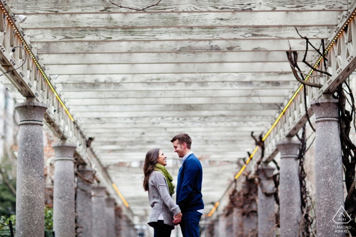 Rhode Island Couple with columns during engagement portraits