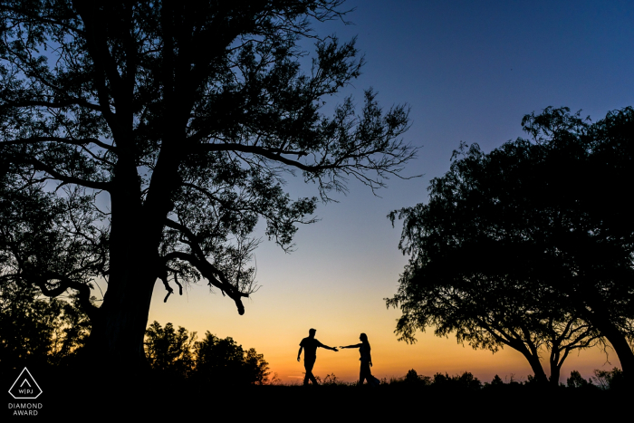 Immagini di fidanzamento pre-matrimonio di Santa Fe di una coppia che cammina al tramonto tra gli alberi ad alto fusto | sessione di fotografia di coppia