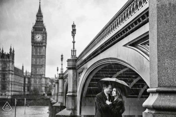 London black and white wedding photographer engagement portrait of a couple with Big Ben