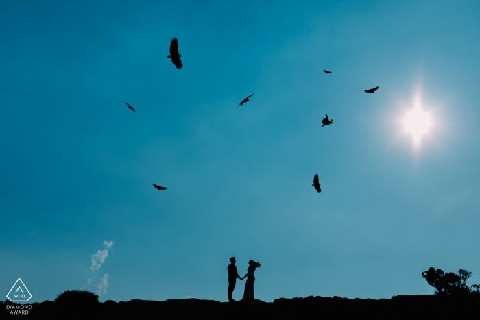 Brazil engagement pictures of a couple silhouetted with birds and the sun overhead | Cambara do Sul photographer pre-wedding photo shoot session