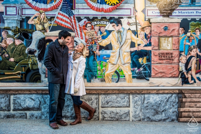 Mural of Elvis overlooks engaged couple in Burlington VT portrait session for engagement Mural of Elvis overlooks engaged couple in Burlington | VT portrait session for engagement