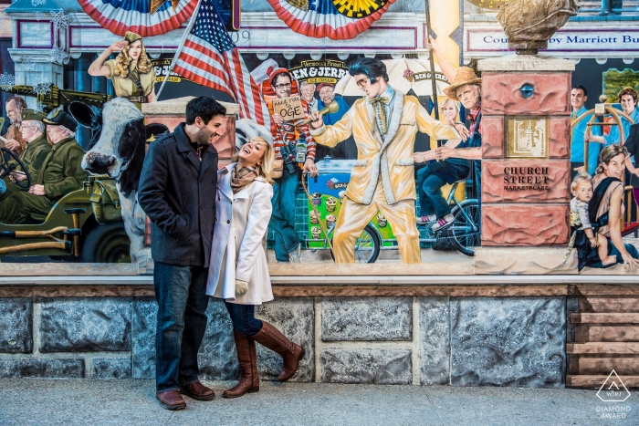 Mural of Elvis overlooks engaged couple in Burlington | VT portrait session for engagement