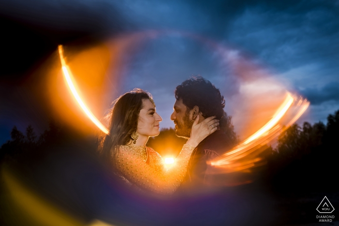 A Utrecht couple during their pre-wedding portrait session at dusk by a Netherlands photographer