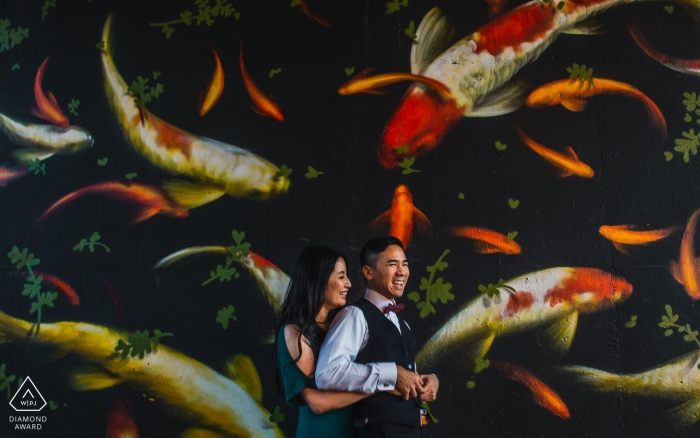 In Atlanta, Georgia, this couple's portrait session was enlivened by the presence of koi fish