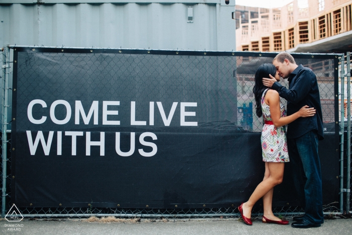 Seattle, WA Pre-Wedding Portraits | Creative engagement in downtown building site
