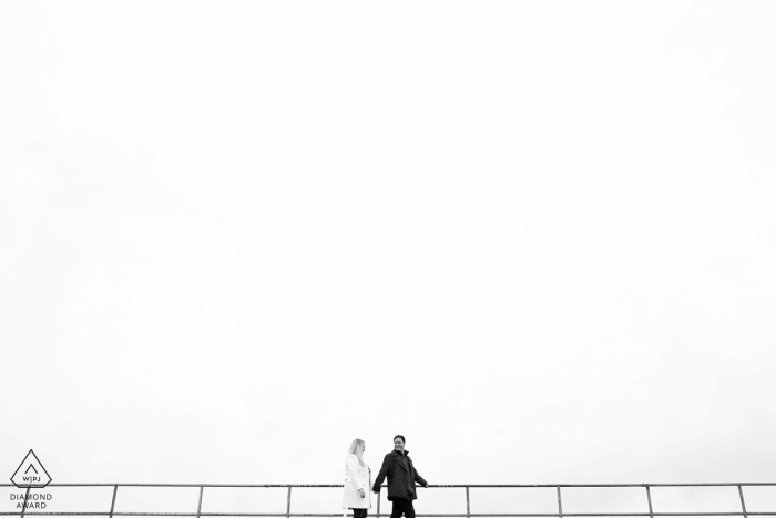 California - battery spencer - black and white patterns in engagement portrait of couple walking