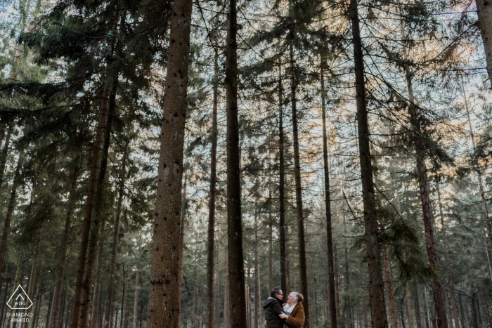 Holandia Drenthe Portrety zaręczynowe pod wysokimi drzewami w lesie - zawsze kocham