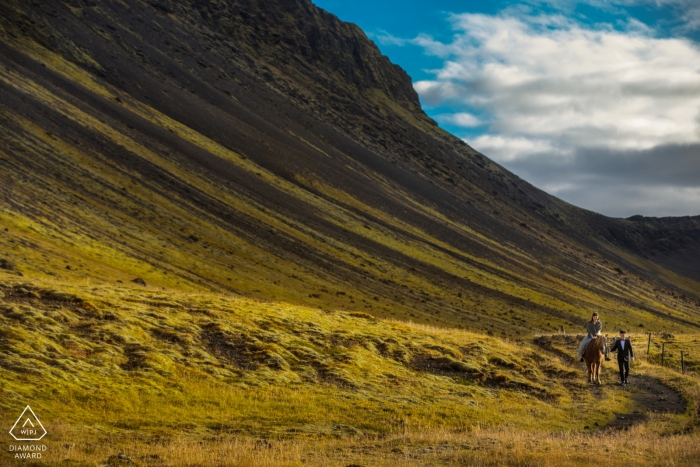 Iceland sunset Engagement Photo Shoot in the Mountains with a Horse