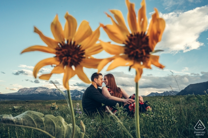 Foto door: <a href="https://www.wpja.com/photos/diamond-award-top-wedding-engagement-photographer/2418731"> Dorota Karpowicz - Edmonton Alberta Waterton Lakes National Park, AB, Canada | Portretten van het paar in het veld met bloemen