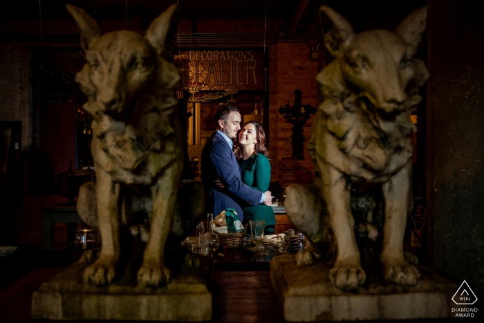 Photo by: <a href="https://www.wpja.com/photos/diamond-award-top-wedding-engagement-photographer/2428426">Victoria Sprung - Chicago Illinois twin wolf statues - Illinois Engagement Photo Portrait