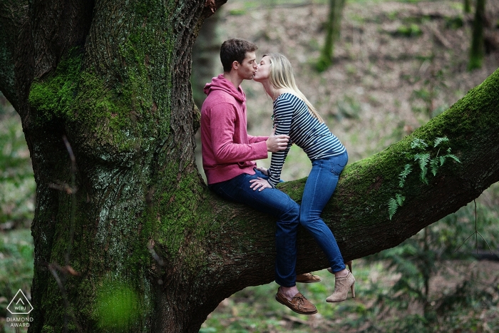 Sesión de compromiso creativo en el oeste de Washington - Pareja besándose en lo alto de un árbol grande