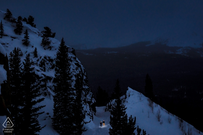 Walking on Boreas Pass Road for their winter engagement session in Breckenridge, CO. 