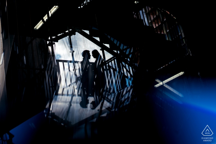 Photo by: <a href="https://www.wpja.com/photos/diamond-award-top-wedding-engagement-photographer/2443361">Wenjie Han - Long Island City New York highline park, ny pre-wedding engagement session with a couple kissing on stairs