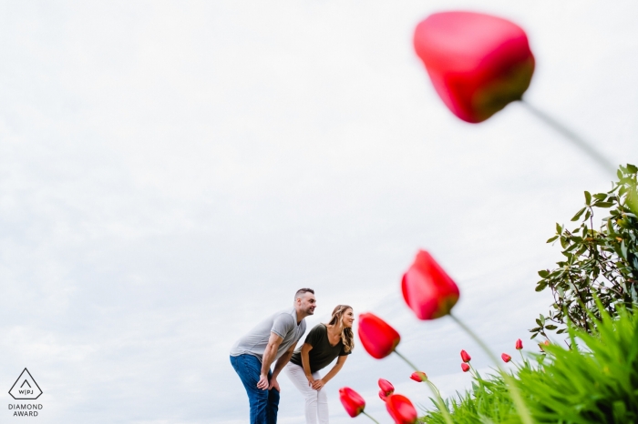 Retratos de compromiso en Greenhill Winery en Middleburg, VA - Pareja de tulipanes gigantes