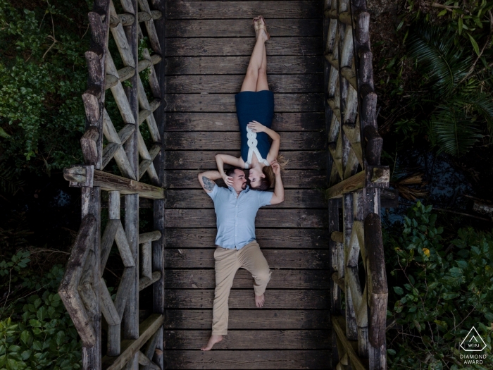 Engagement from another view, overhead drone photography | Key West engagement portrait shoot on the bridge