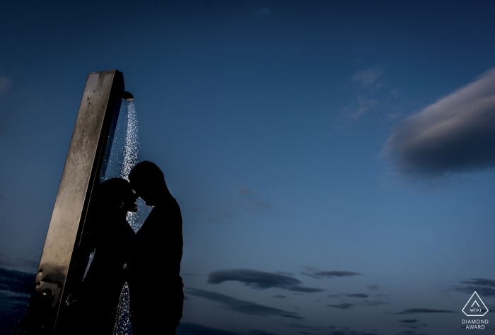 Mojacar Spain outdoor engagement portrait session - Beach Shower at sunset