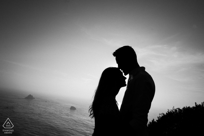 Retrato de Big Sur desde los acantilados con vista al agua - silueta en blanco y negro