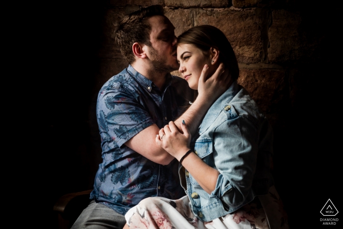 Rudyard Lake, Staffordshire pre-wedding portrait photographer - engagement session with the couple indoors