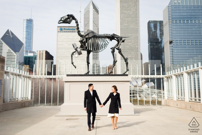 Photo by: <a href="https://www.wpja.com/photos/diamond-award-top-wedding-engagement-photographer/2430981">Elena Bazini - Chicago Illinois Chicago, IL pre-wedding portraits - The dinosaur skeleton on the roof.