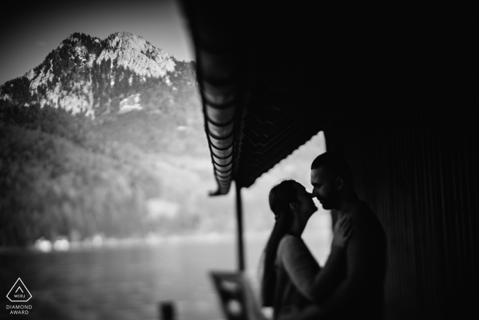Photo by: <a href="https://www.wpja.com/photos/diamond-award-top-wedding-engagement-photographer/2436661">Krisztian Bozso - Budapest Budapest Höfnerhäuser, Austria engaged couple photo shoot | Nose kissing (tilt-shift) in black-and-white