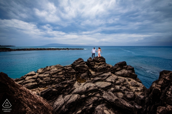 Kapalua, Hawaii Engagement Portrait Session - Couple on the rocks over at Cliffhouse in Maui, Hawaii
