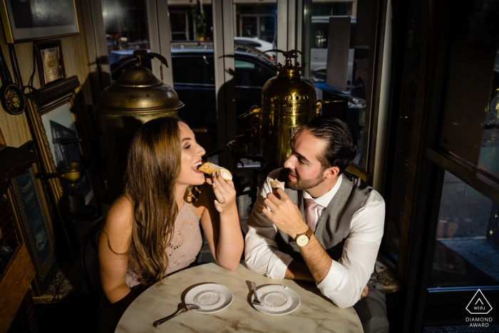 Foto door: <a href="https://www.wpja.com/photos/diamond-award-top-wedding-engagement-photographer/2456541"> Nicole Chan - Quincy Massachusetts North End Boston Engagement Session in the Cafe