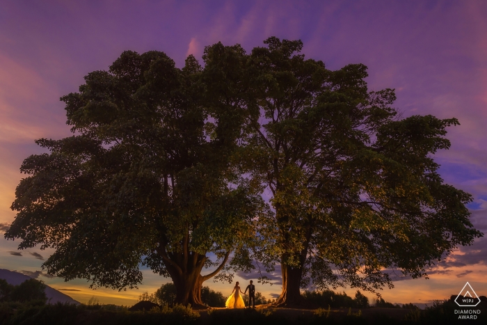 Photo by: <a href="https://www.wpja.com/photos/diamond-award-top-wedding-engagement-photographer/2475356">Qi Xiang - Nanping Yun Nan, China pre-wedding photography - couple walking hand in hand under two very large trees while the sky is purple and orange at dusk