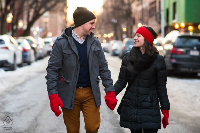 Beacon Hill engagement photo session in cold winter weather