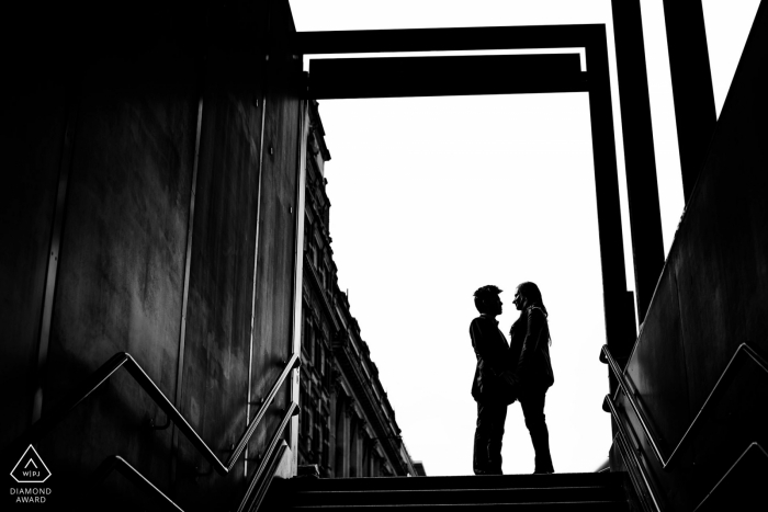 Photo by: <a href="https://www.wpja.com/photos/diamond-award-top-wedding-engagement-photographer/2479906">Aaron Storry - Kettering Northamptonshire Covent Garden, London Tube Station engagement photo shoot in black and white
