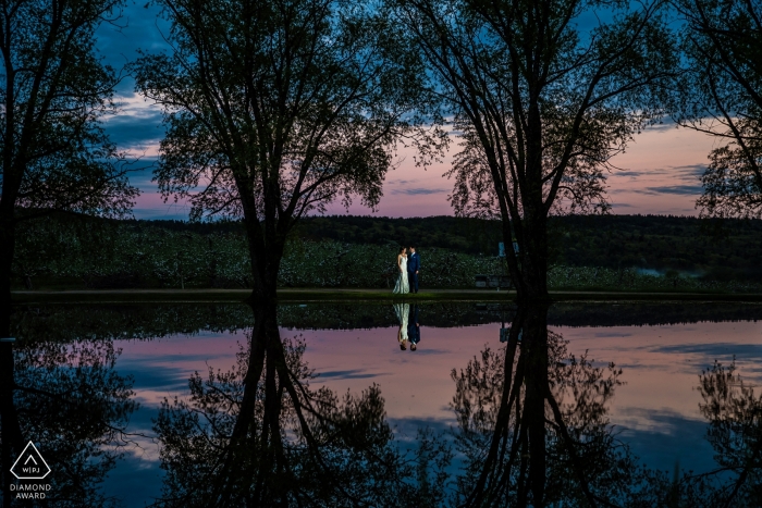 Sunset reflection engagement portrait at Alyson's Orchard, Walpole, NH Sunset reflection engagement portrait at Alyson's Orchard, Walpole, NH