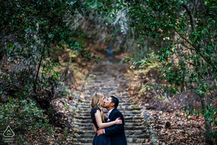 Montalvo Arts Center, Saratoga Engagement Portrait at the stairs with trees.
