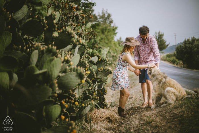 Photo by: <a href="https://www.wpja.com/photos/diamond-award-top-wedding-engagement-photographer/2497776">Emre Nesli - İstanbul Istanbul Mersin, Turkey engagement photographer captured this photo of a couple petting a stray dog on the roadside