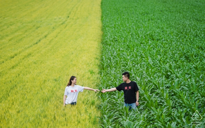 Zdjęcie: <a href="https://www.wpja.com/photos/diamond-award-top-wedding-engagement-photographer/2501211"> Lin Yang - Quanzhou Plenerowa fotografia angażować pary mienia ręki w polu podczas ich przedślubnego krótkopędu w Xinjiang